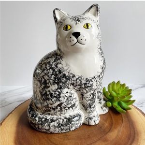 Cat White and Black Spongware Speckled Farmhouse Ceramic Cat